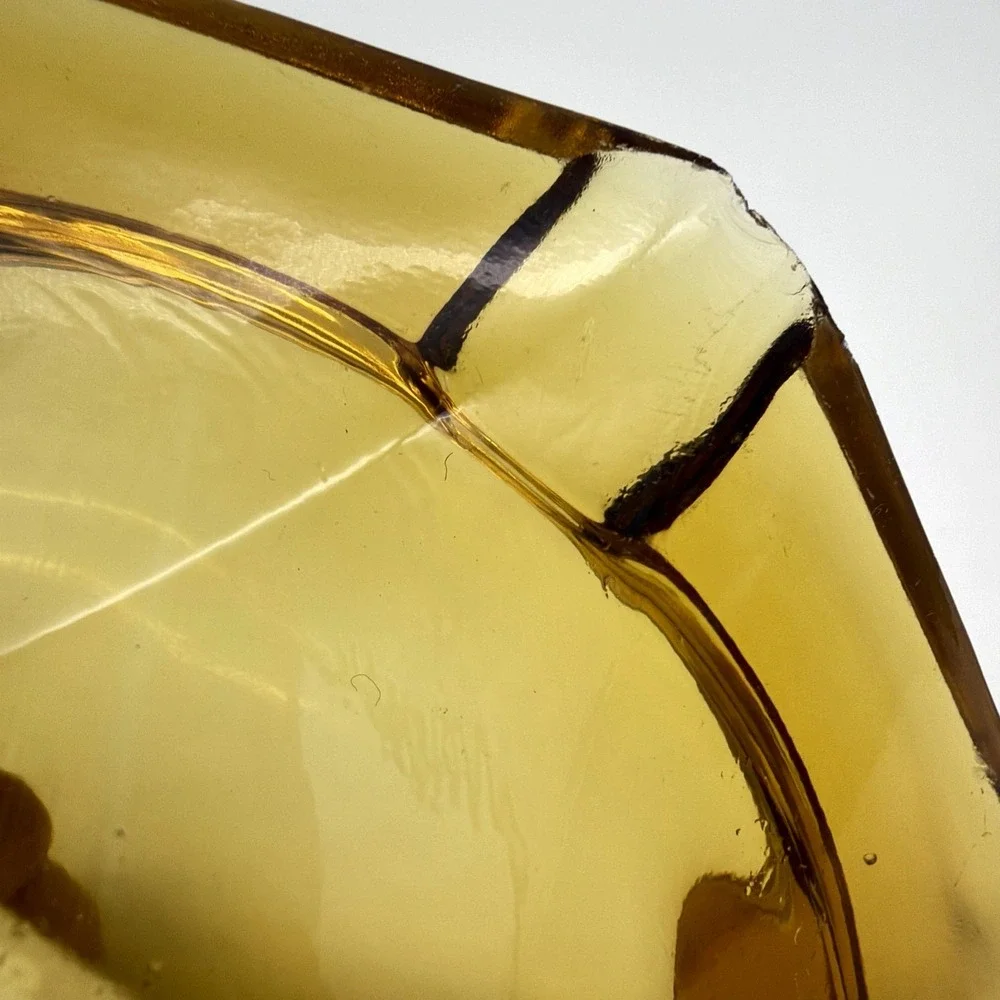 Vintage Amber Glass Ashtray Hexagonal Faceted Rim With Four Notches